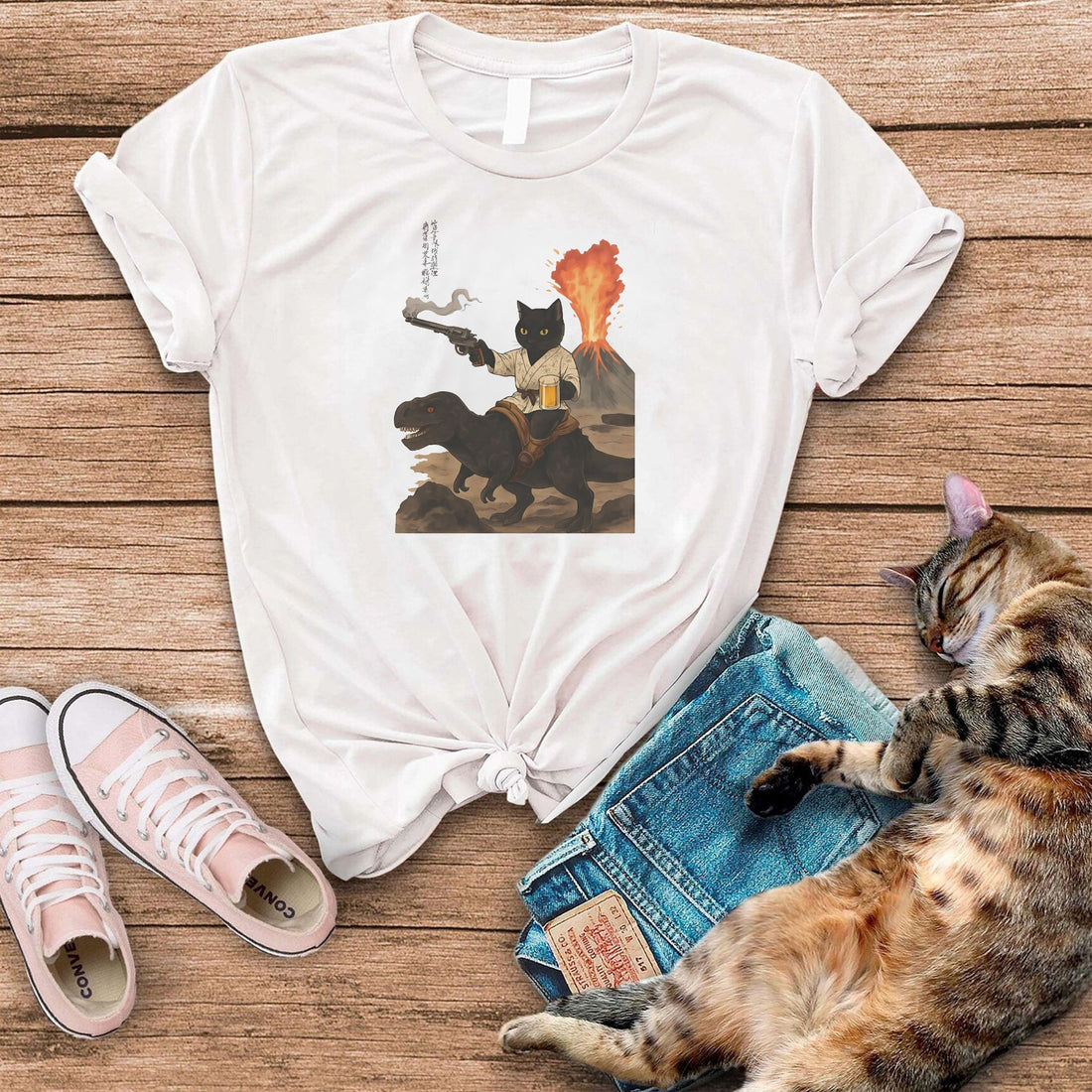 Black Cat Riding Dinosaur With Beer T-Shirt