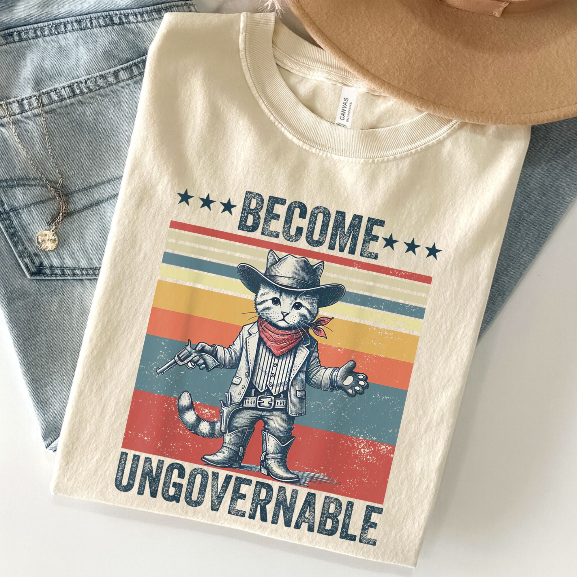 Become Ungovernable Cowboy Cat Unisex Premium Bella Canvas 3001 T-Shirt