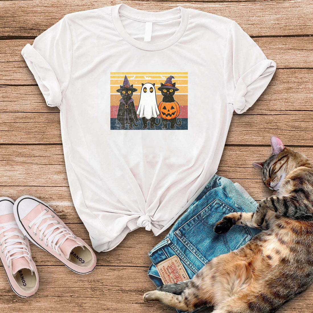 Cat Witch Ghost Funny Halloween Cat T-Shirt