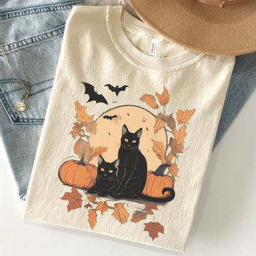 Halloween Black Cat Pumpkin Unisex Premium Bella Canvas 3001 T-Shirt