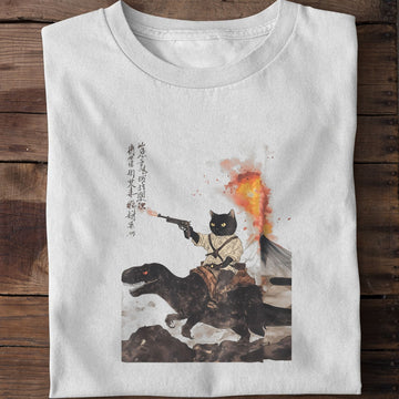 Calligraphy Cat Dinosaur Volcanic Eruption T-Shirt
