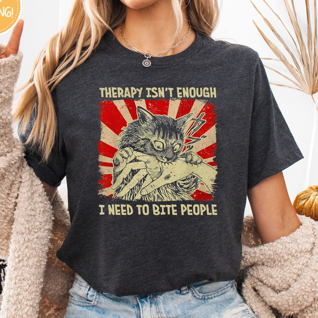 Therapy Isn't Enough I Need to Bite People Meme Cat Unisex Premium Bella Canvas 3001 T-Shirt