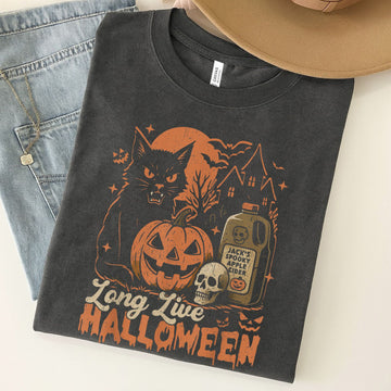 Long Live Halloween Funny Pumpkin Halloween Black Cat Unisex Premium Bella Canvas 3001 T-Shirt
