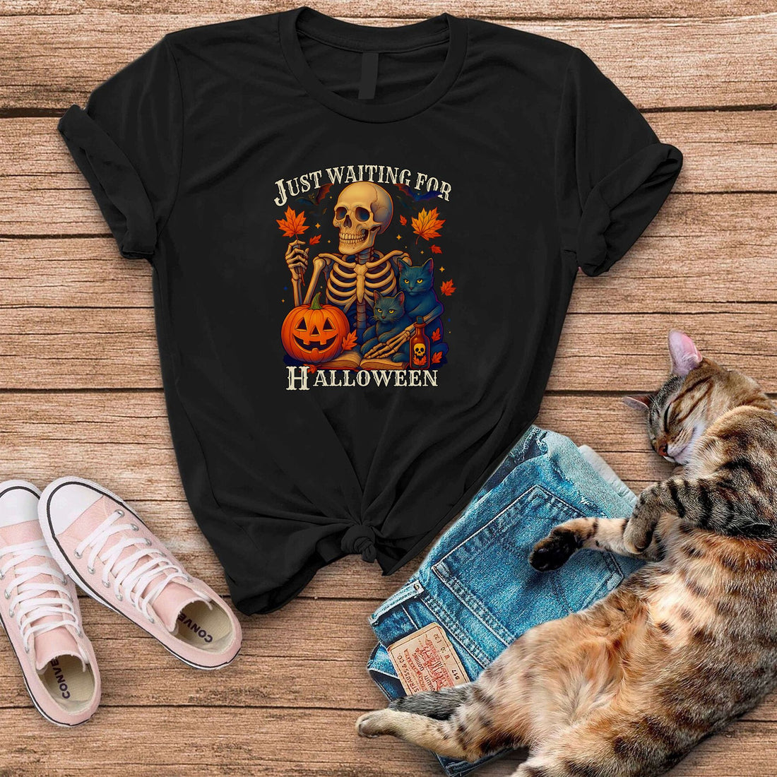 Just Waiting For Halloween Funny Skeleton Halloween T-Shirt